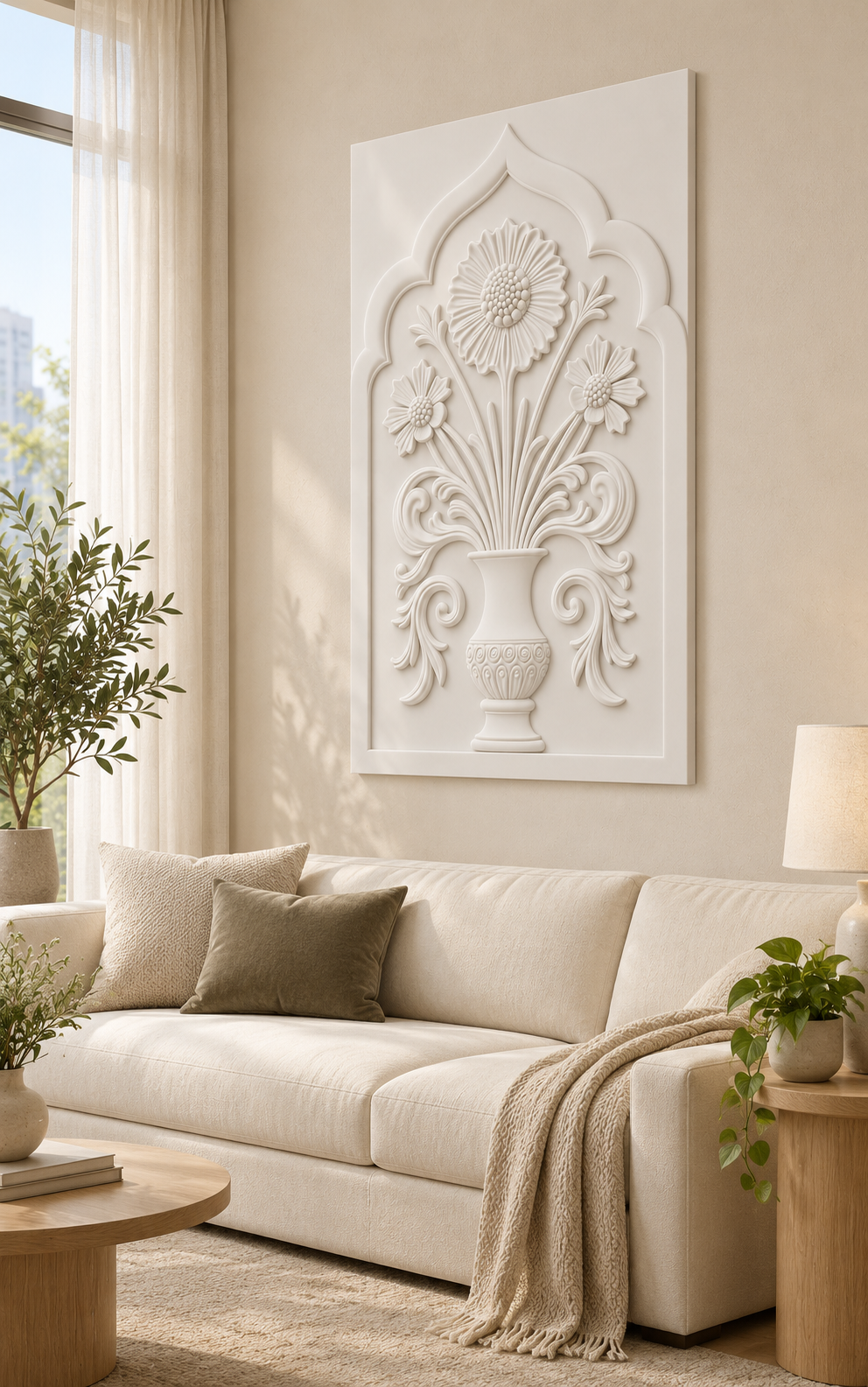 Ruffled Bloom Acanthus Urn Corian wall panel, right view in a Mumbai living room with a low ivory sofa, pale oak side table and soft window light; AI-assisted concept visualisation