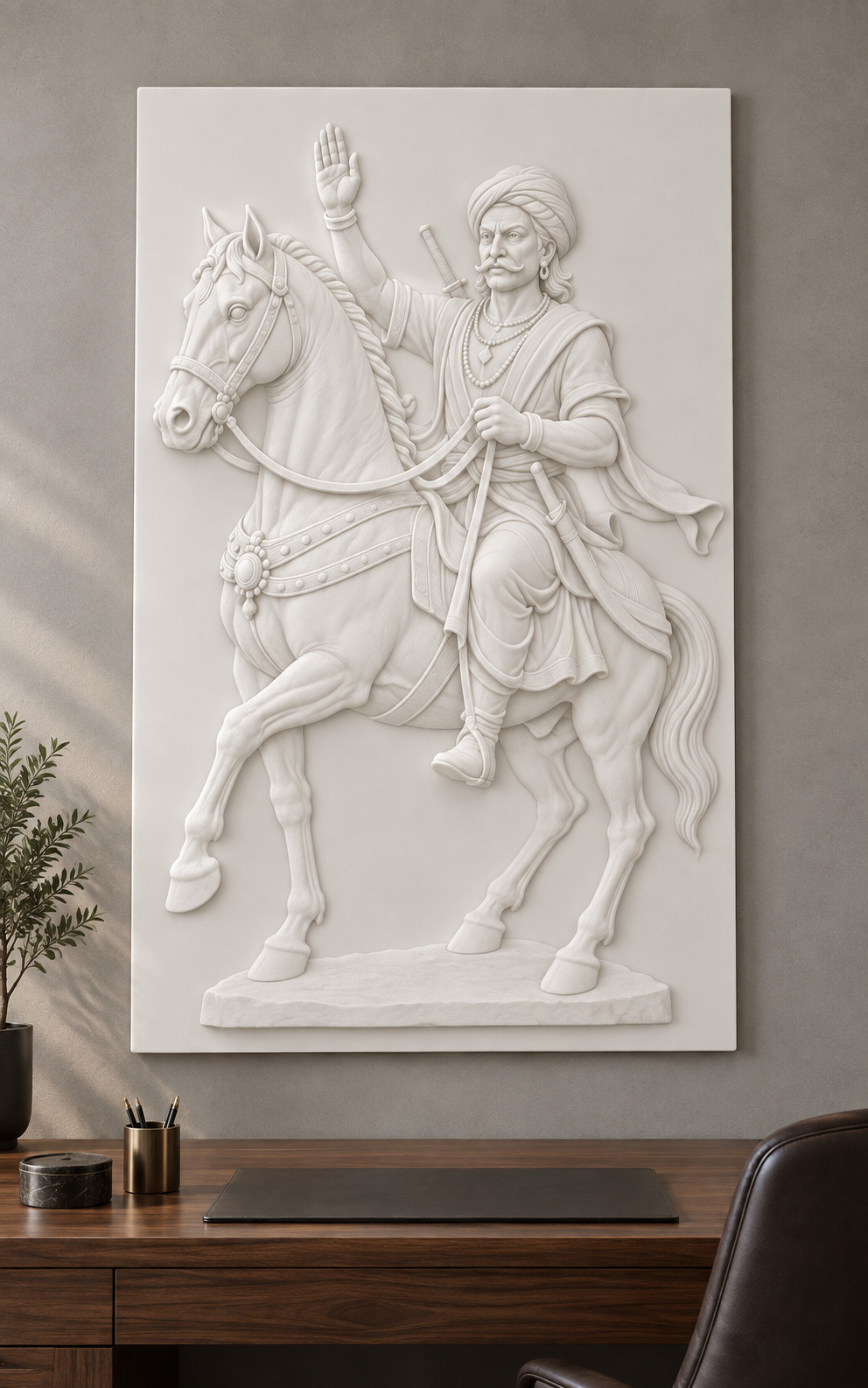 Saluting Equestrian Portrait Corian Wall Panel, front view in a Worli apartment study, showing the complete shallow relief.