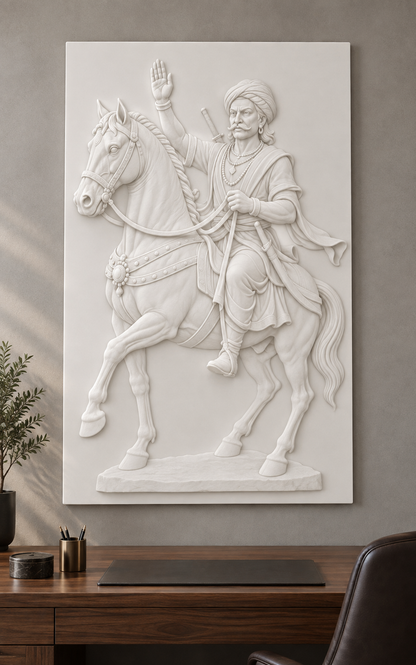Saluting Equestrian Portrait Corian Wall Panel, front view in a Worli apartment study, showing the complete shallow relief.