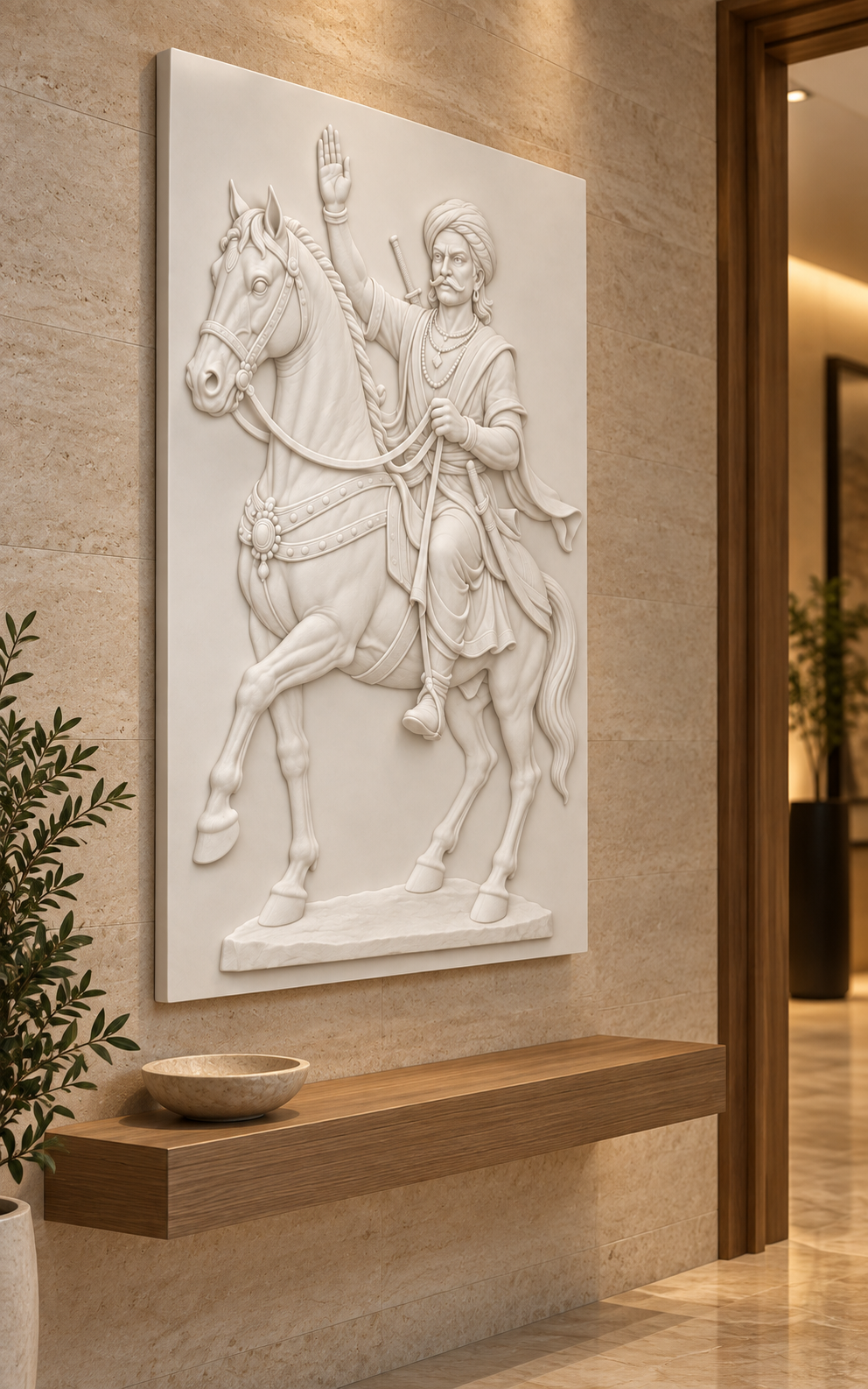 Saluting Equestrian Portrait Corian Wall Panel, left view in a Bandra entrance hall, showing the complete shallow relief.