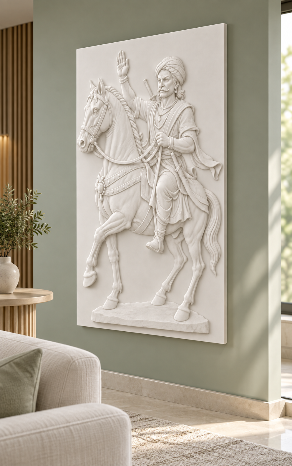 Saluting Equestrian Portrait Corian Wall Panel, right view in a Powai family lounge, showing the complete shallow relief.