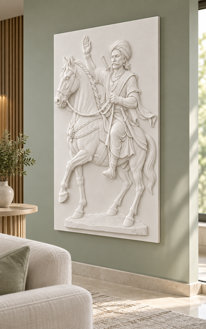 Saluting Equestrian Portrait Corian Wall Panel, right view in a Powai family lounge, showing the complete shallow relief.