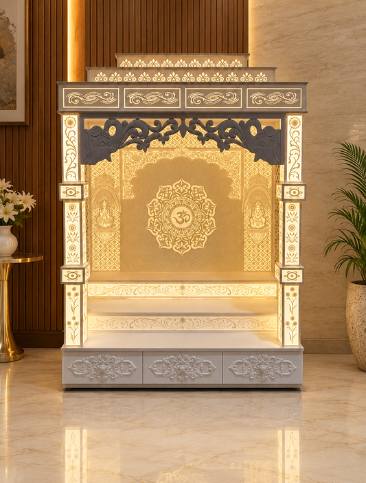 3D Corian mandir for home with peacock arch and illuminated Om mandala in a warm residential interior