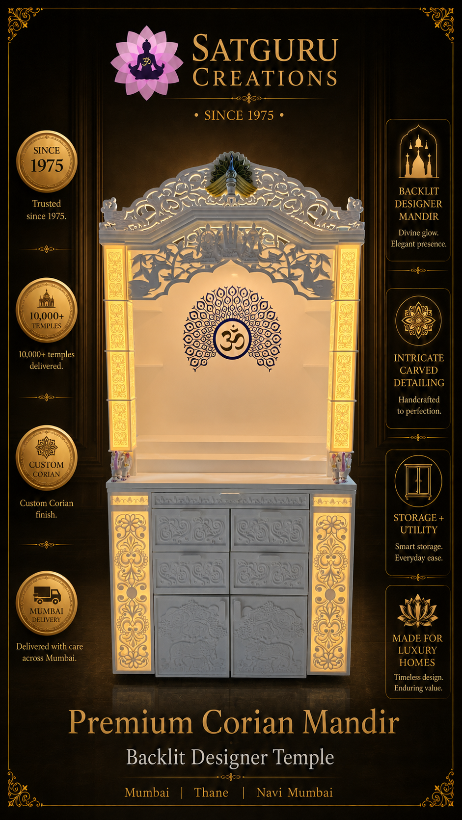Satguru Creations premium backlit Corian mandir showing carved detailing, storage and luxury home temple features