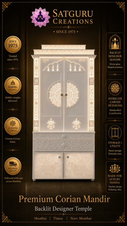 Premium Double-Door Corian Mandir with Backlit Mandala Jali — Satguru Creations daily post