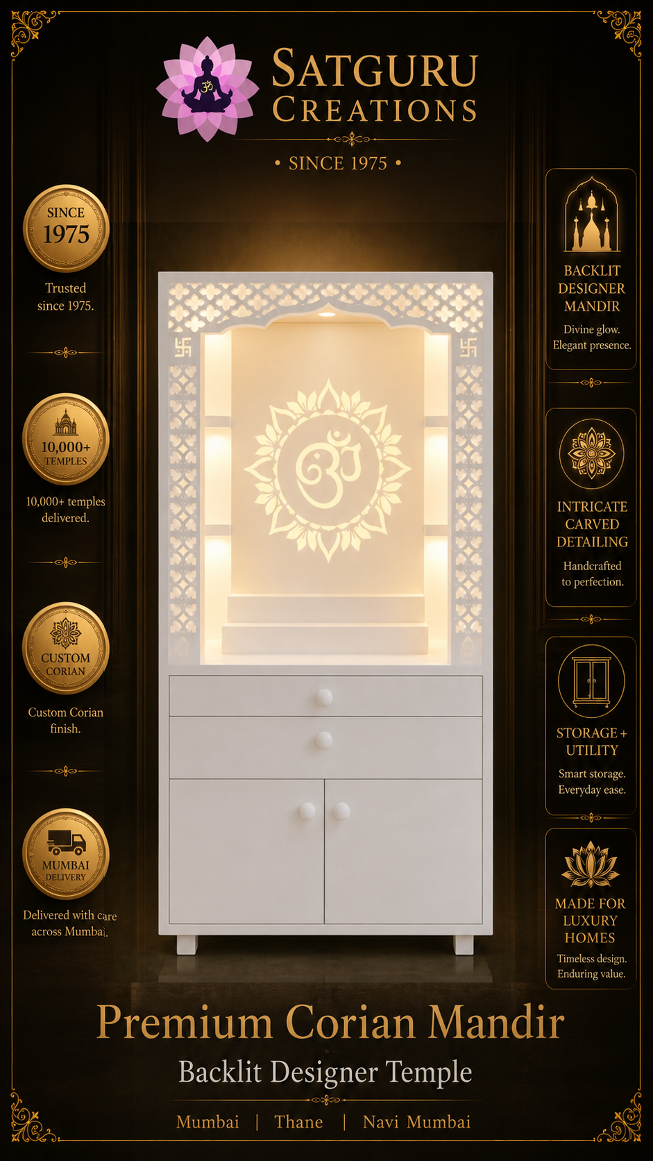 4ft Fully White Corian Om Ganesha Mandir with Storage — Satguru Creations daily post