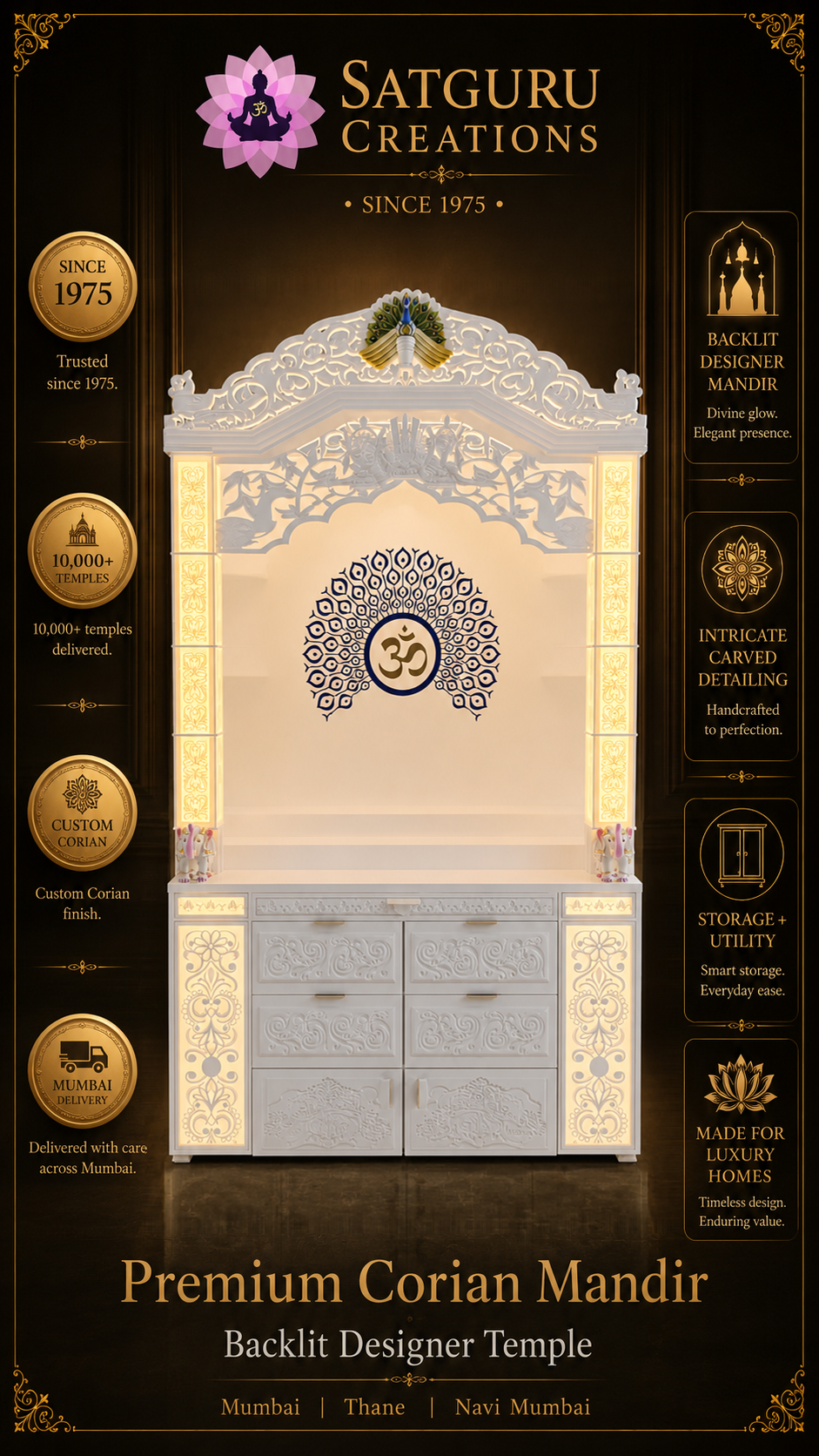 Traditional Backlit Corian Mandir with Vertical Storage — Satguru Creations daily post