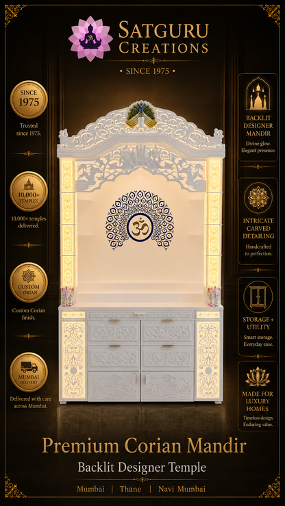 Traditional Backlit Corian Mandir with Vertical Storage — Satguru Creations daily post
