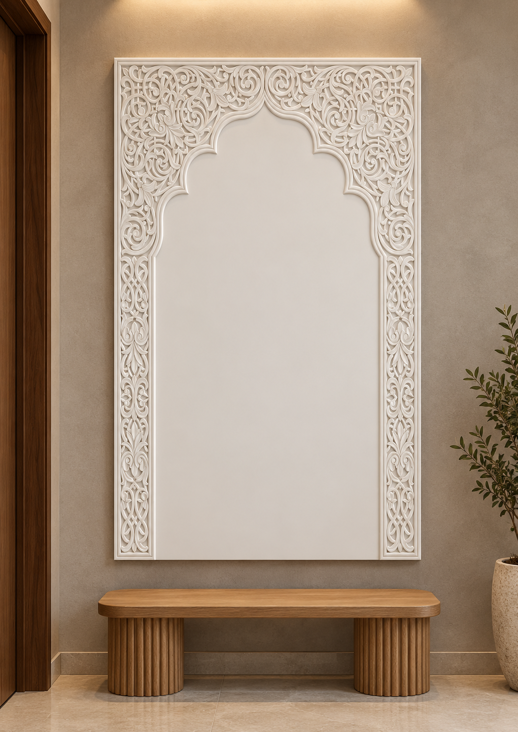 Front view of the white Scalloped Arabesque Arch Corian Wall Panel with a solid inset centre in a Mumbai entrance alcove