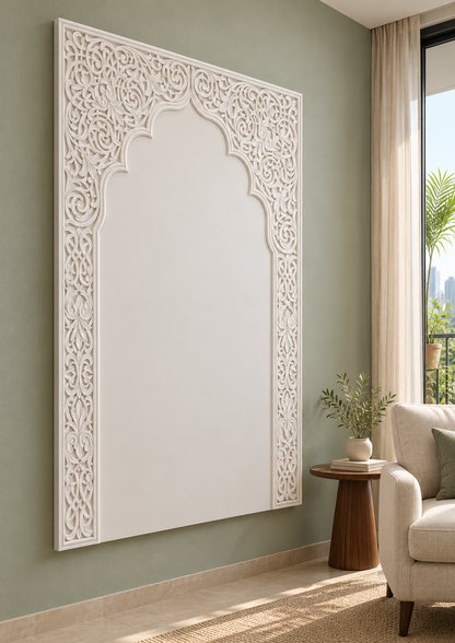 Left-angle view of the white Scalloped Arabesque Arch Corian Wall Panel with a solid inset centre in a Mumbai sage-wall sitting room