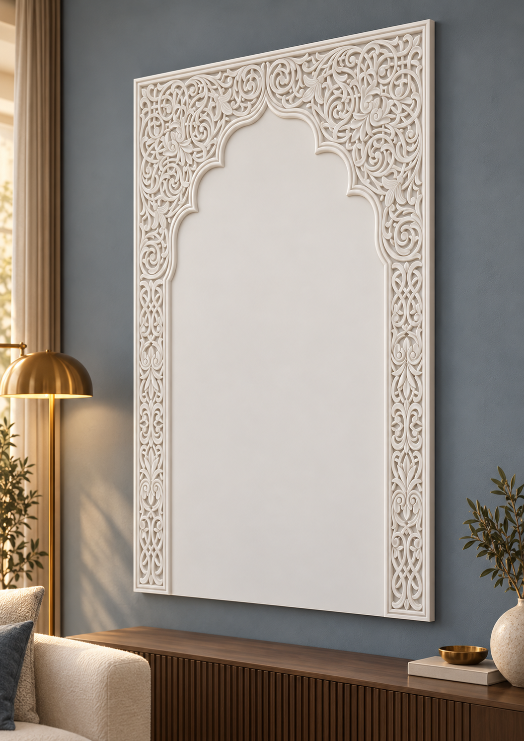 Right-angle view of the white Scalloped Arabesque Arch Corian Wall Panel with a solid inset centre in a Mumbai blue-grey-wall living room