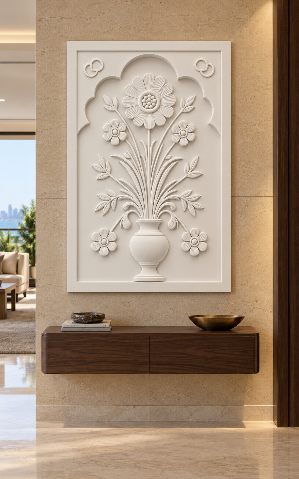Scalloped Daisy Urn Garden Corian wall panel, front view in a Mumbai apartment foyer; AI-assisted concept visualisation
