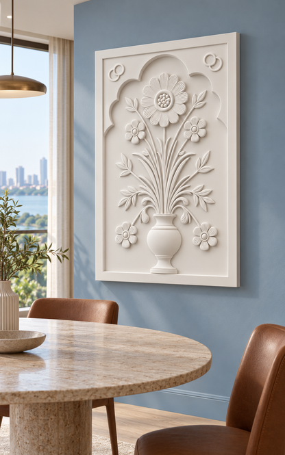 Scalloped Daisy Urn Garden Corian wall panel, right angle on a Mumbai dining-room wall; AI-assisted concept visualisation