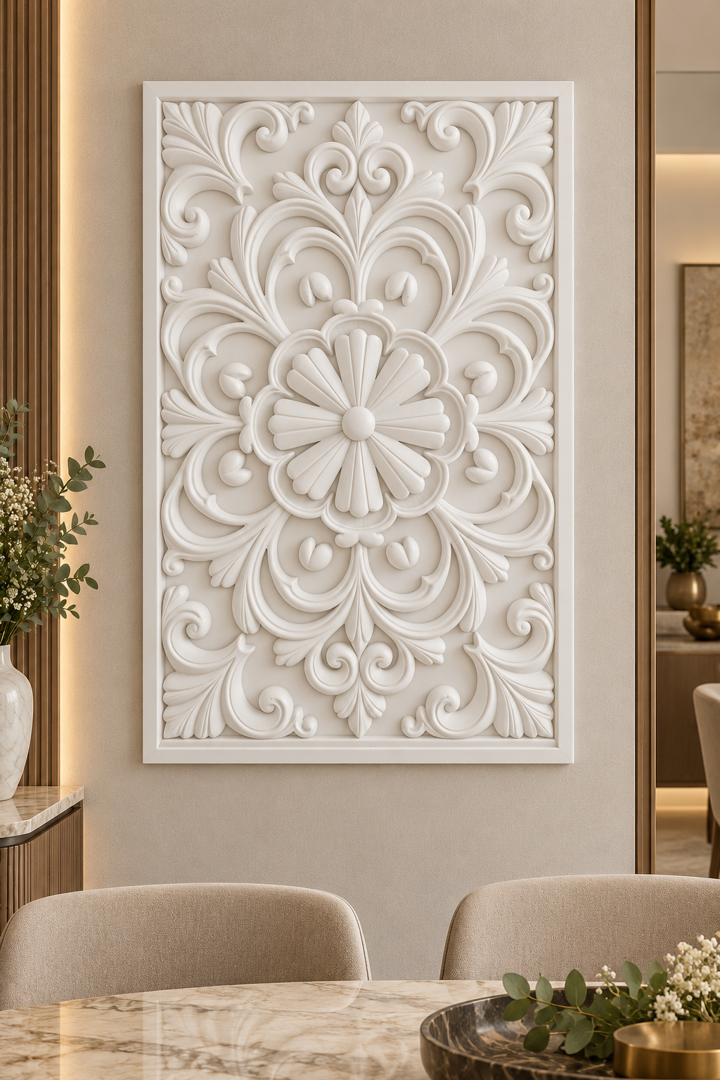 Scalloped Fan Bloom Corian wall panel, front view on a dining room alcove in a Mumbai home; AI-assisted concept visualisation
