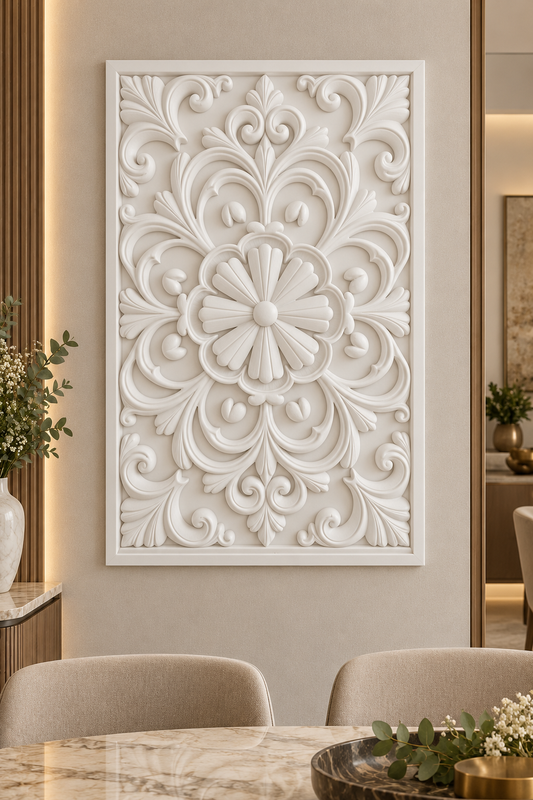 Scalloped Fan Bloom Corian wall panel, front view on a dining room alcove in a Mumbai home; AI-assisted concept visualisation