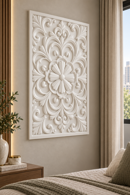 Scalloped Fan Bloom Corian wall panel, left view on a bedroom reading wall in a Mumbai home; AI-assisted concept visualisation