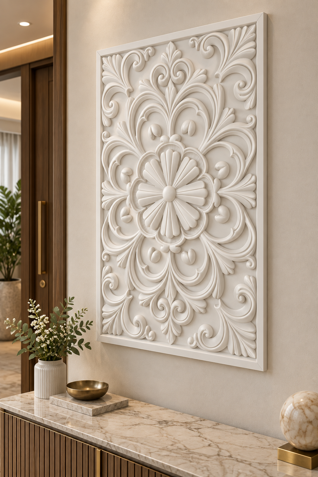 Scalloped Fan Bloom Corian wall panel, right view on an entrance console wall in a Mumbai home; AI-assisted concept visualisation