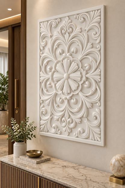 Scalloped Fan Bloom Corian wall panel, right view on an entrance console wall in a Mumbai home; AI-assisted concept visualisation