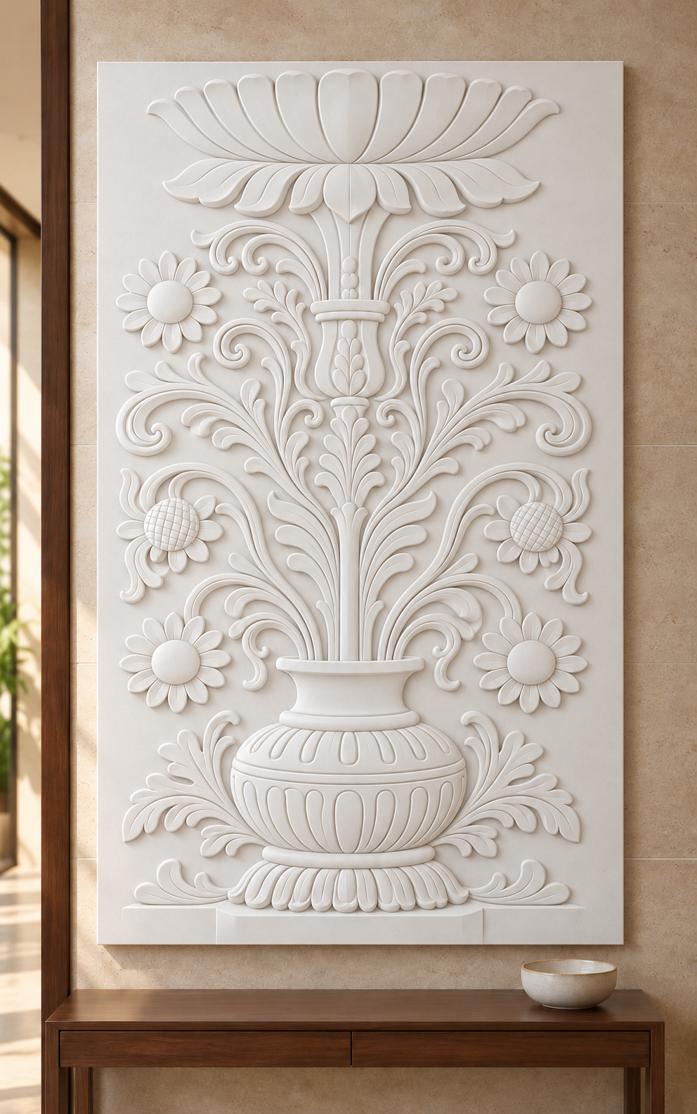 Front view of the white Scalloped Floral Urn Corian Wall Panel in a Mumbai limestone entrance foyer