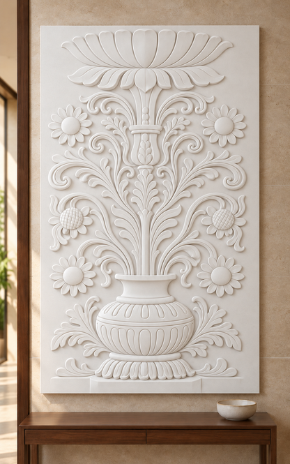 Front view of the white Scalloped Floral Urn Corian Wall Panel in a Mumbai limestone entrance foyer
