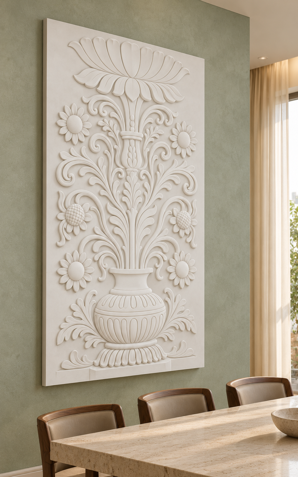 Left-angle view of the white Scalloped Floral Urn Corian Wall Panel in a Mumbai sage dining room