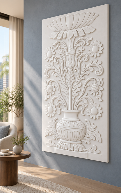 Right-angle view of the white Scalloped Floral Urn Corian Wall Panel in a Mumbai blue-grey living room reading corner