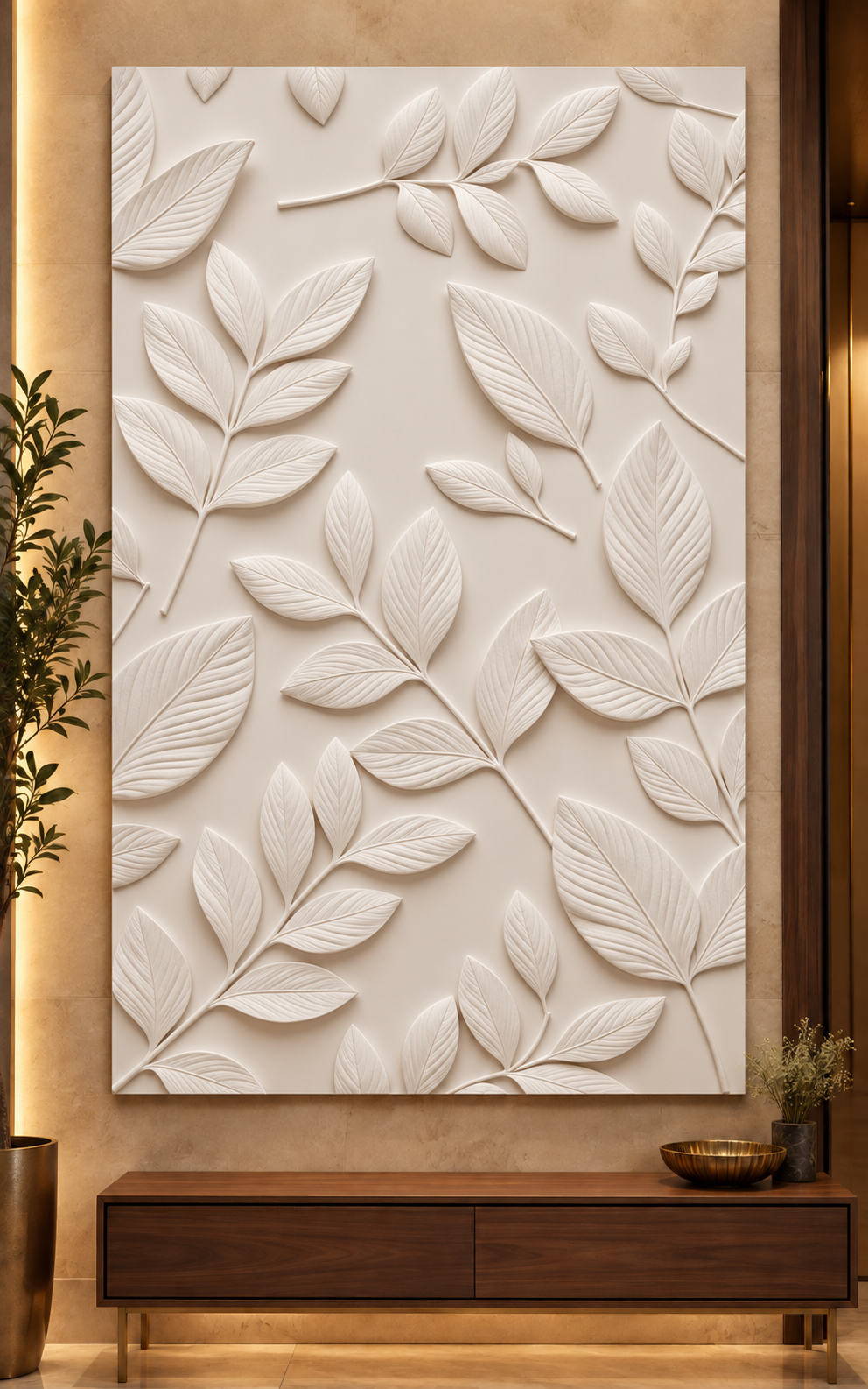 Scattered Vein Leaf Study Corian wall panel, front view on an entrance foyer wall in a Mumbai home; AI-assisted concept visualisation