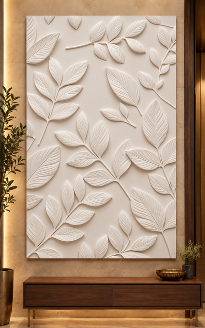 Scattered Vein Leaf Study Corian wall panel, front view on an entrance foyer wall in a Mumbai home; AI-assisted concept visualisation