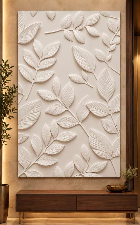 Scattered Vein Leaf Study Corian wall panel, front view on an entrance foyer wall in a Mumbai home; AI-assisted concept visualisation