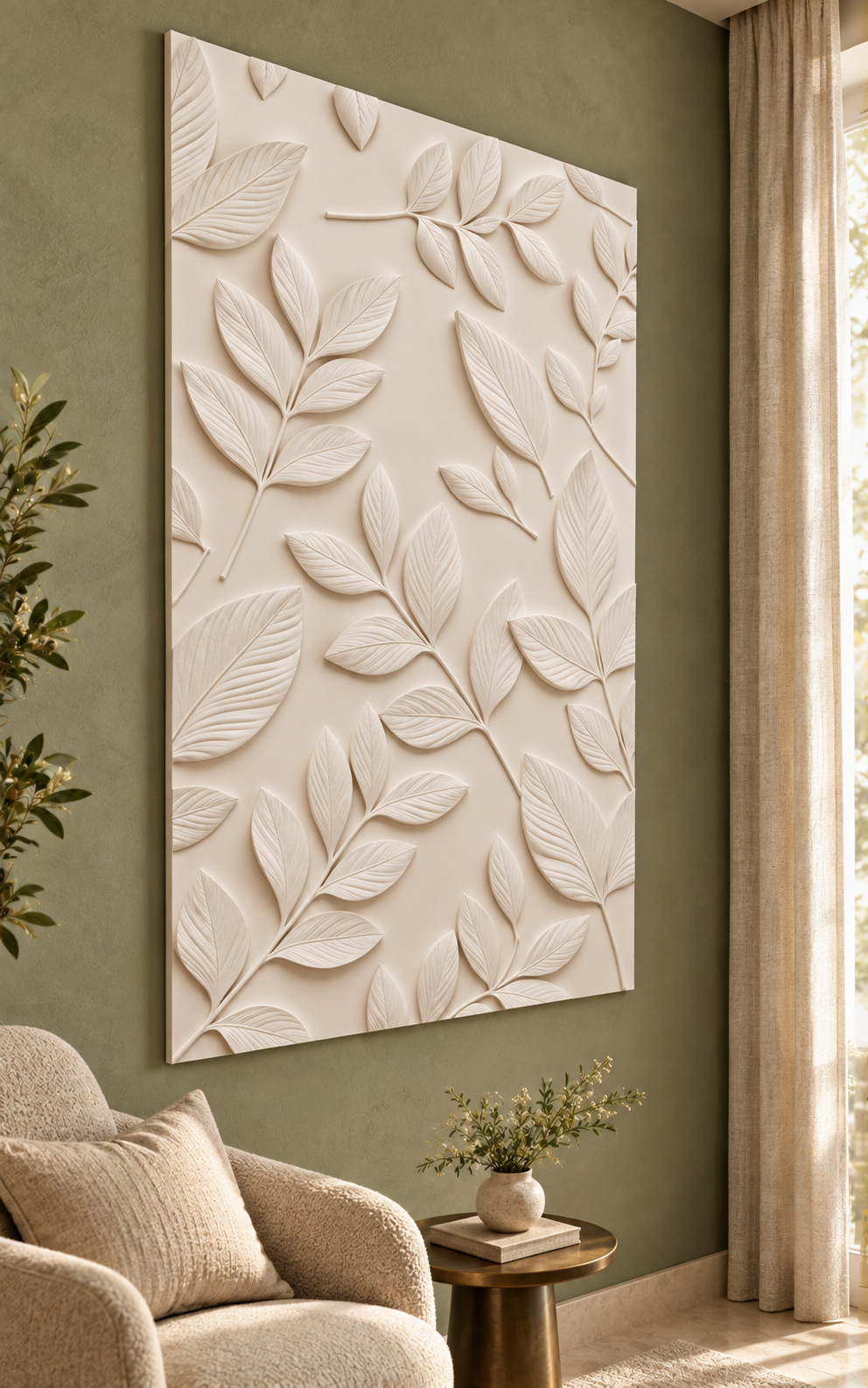 Scattered Vein Leaf Study Corian wall panel, left view on a bedroom reading alcove in a Mumbai home; AI-assisted concept visualisation