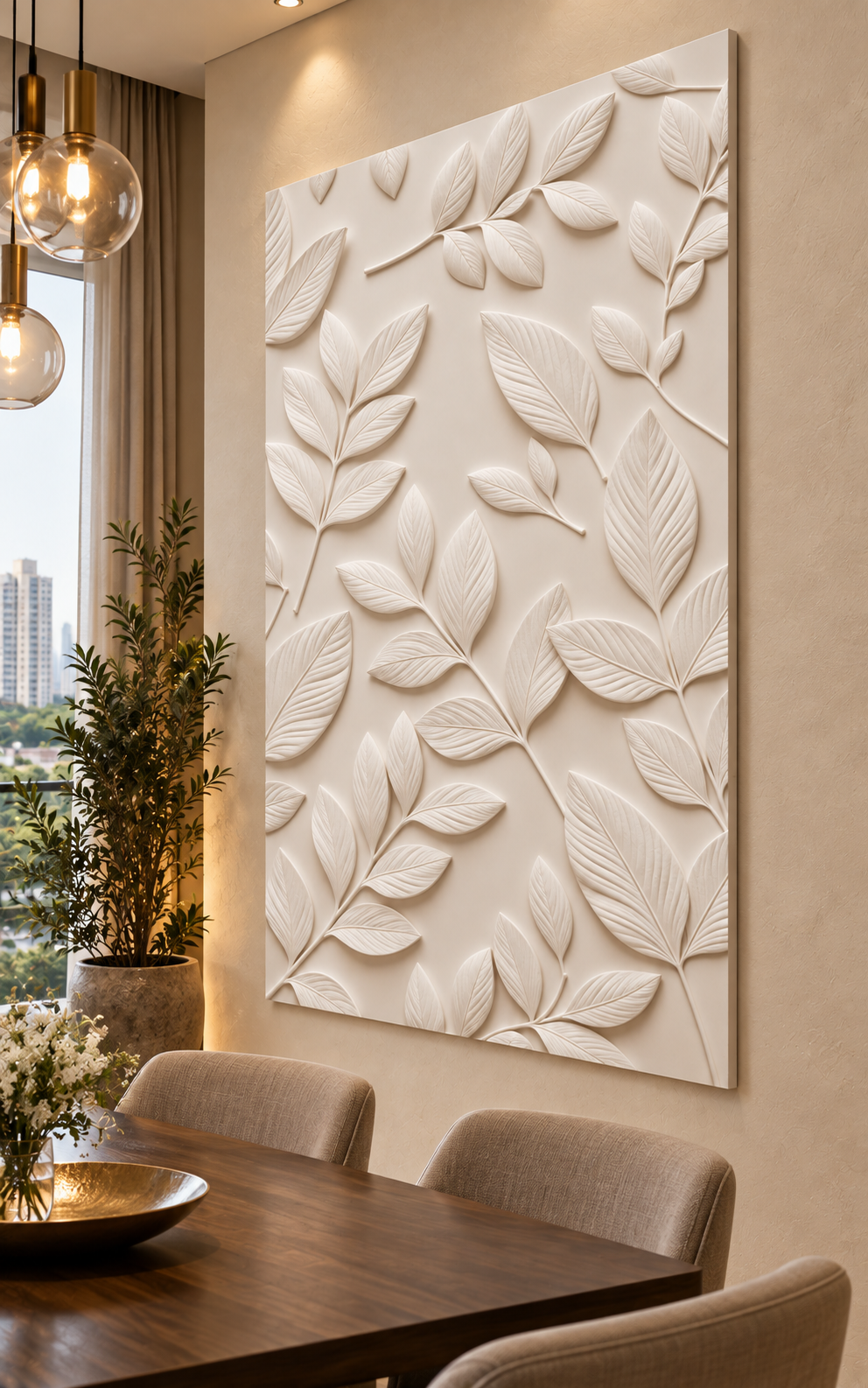 Scattered Vein Leaf Study Corian wall panel, right view on a dining room accent wall in a Mumbai home; AI-assisted concept visualisation