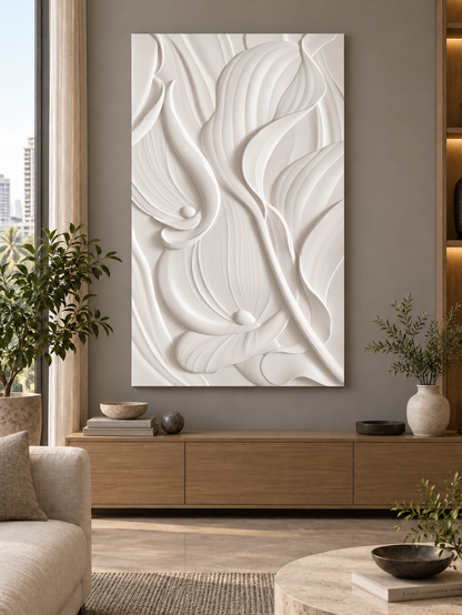 CWP-644 Seed Petal Currents Corian Wall Panel, 2.5 ft wide x 4 ft high, front view in a Mumbai living room; AI-assisted concept visualisation