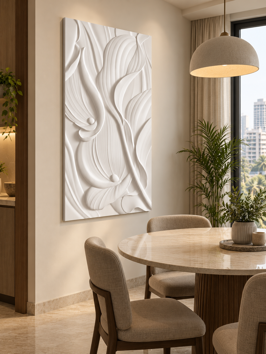CWP-644 Seed Petal Currents Corian Wall Panel, 2.5 ft wide x 4 ft high, left view in a Mumbai dining alcove; AI-assisted concept visualisation