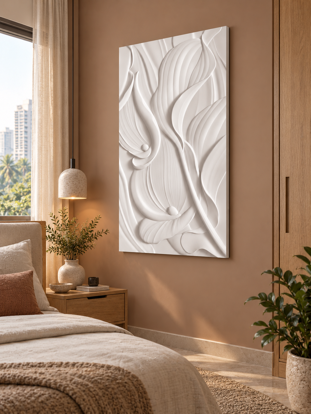 CWP-644 Seed Petal Currents Corian Wall Panel, 2.5 ft wide x 4 ft high, right view in a Mumbai bedroom; AI-assisted concept visualisation