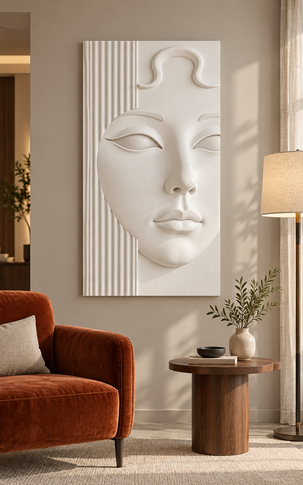 Serene Fluted Portrait Corian wall panel, front view in a Pali Hill apartment contemporary lounge