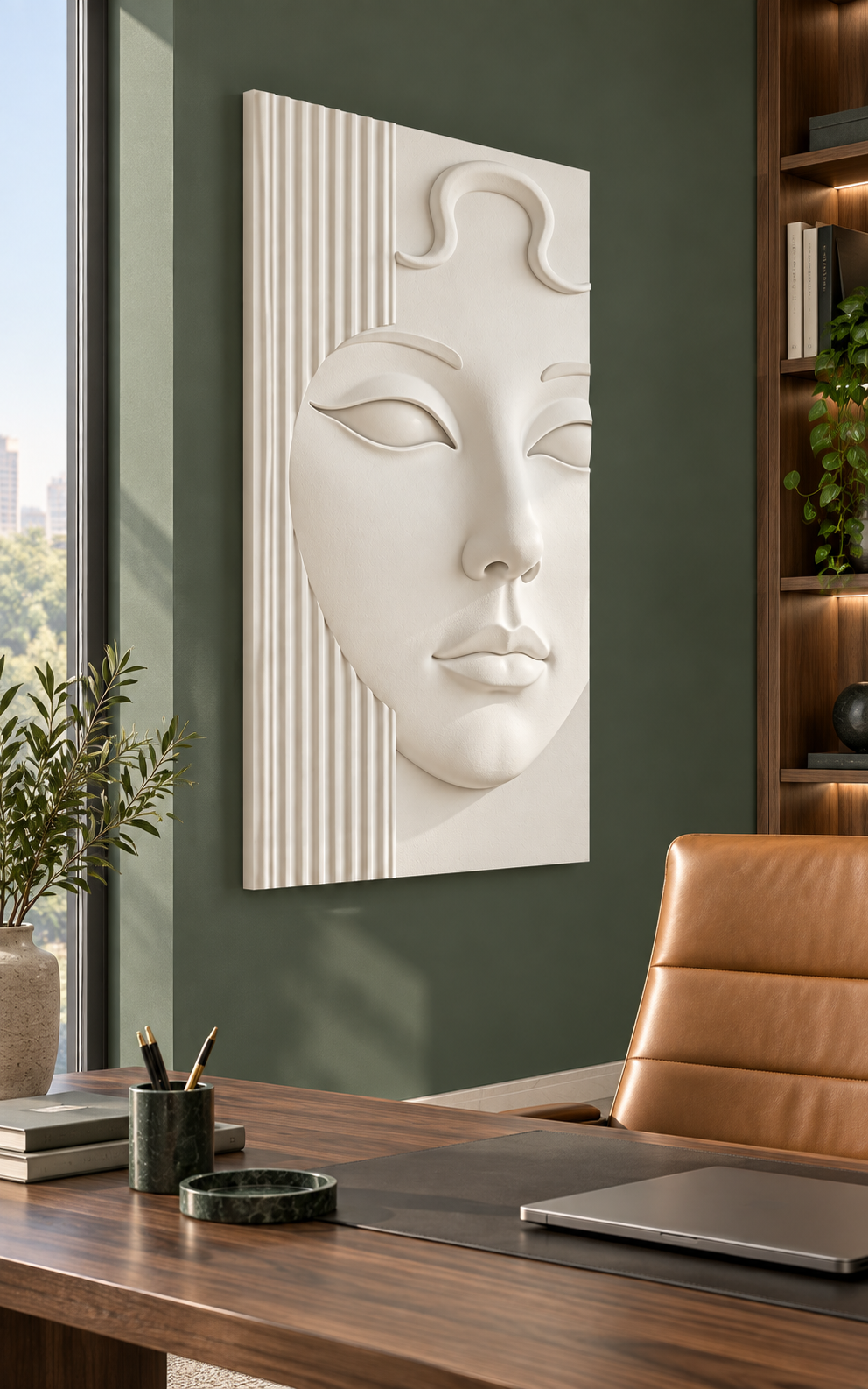 Serene Fluted Portrait Corian wall panel, left view in a BKC apartment executive study