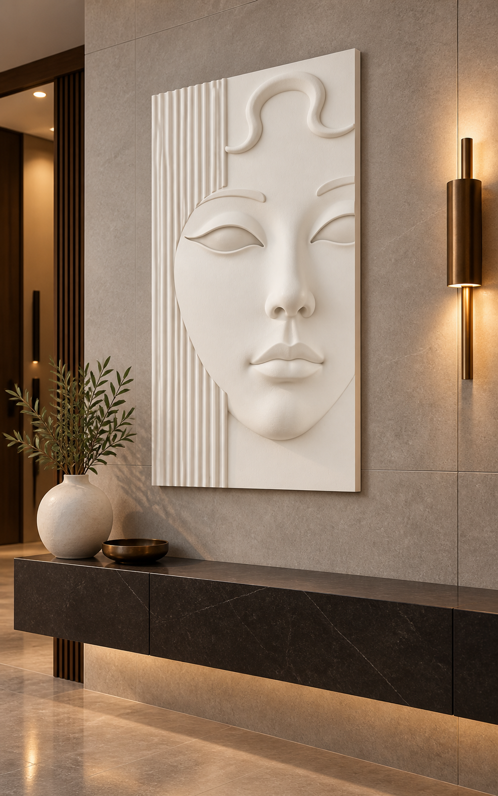 Serene Fluted Portrait Corian wall panel, right view in a Prabhadevi apartment entrance foyer