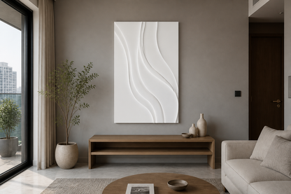 Serene S-Curve white Corian wall panel, front view in a Mumbai home interior visualisation