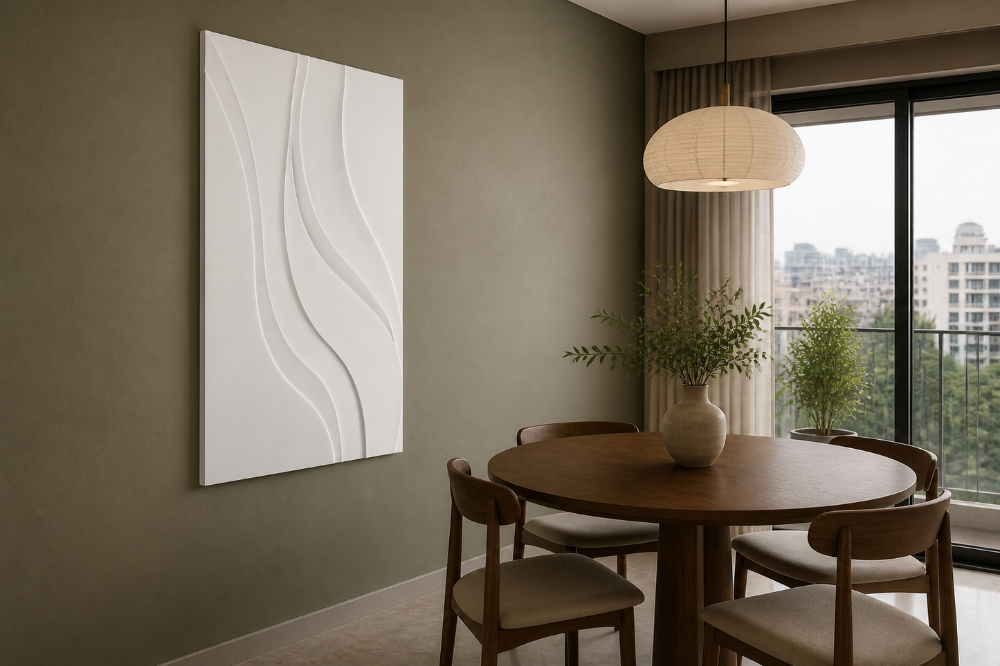 Serene S-Curve white Corian wall panel, left angle view in a Mumbai home interior visualisation