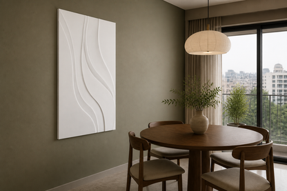 Serene S-Curve white Corian wall panel, left angle view in a Mumbai home interior visualisation