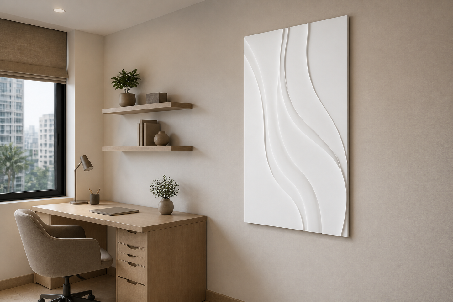 Serene S-Curve white Corian wall panel, right angle view in a Mumbai home interior visualisation