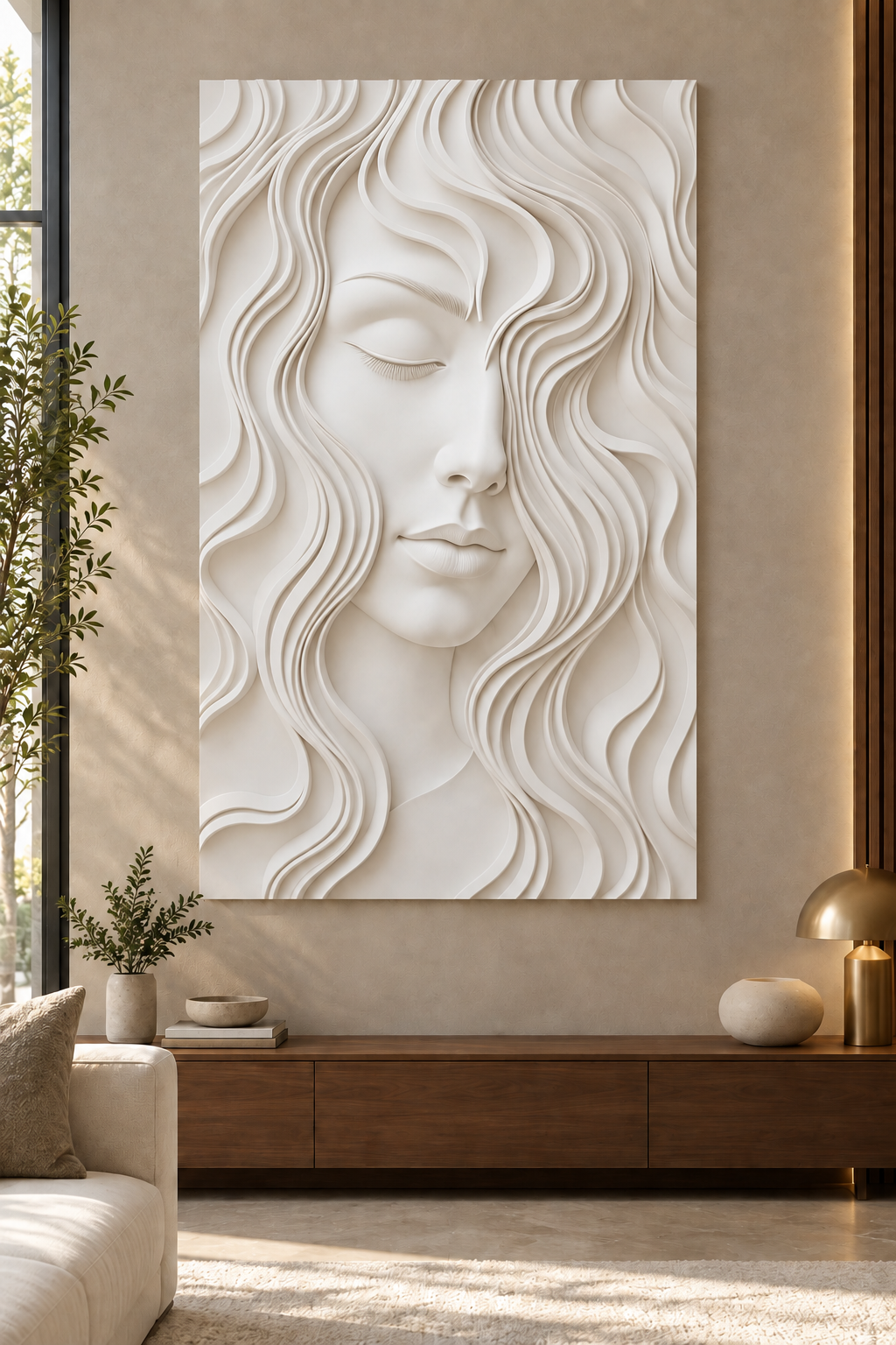 Serene Wave Portrait Corian wall panel, front view in a Mumbai living room statement wall; AI-assisted concept visualisation
