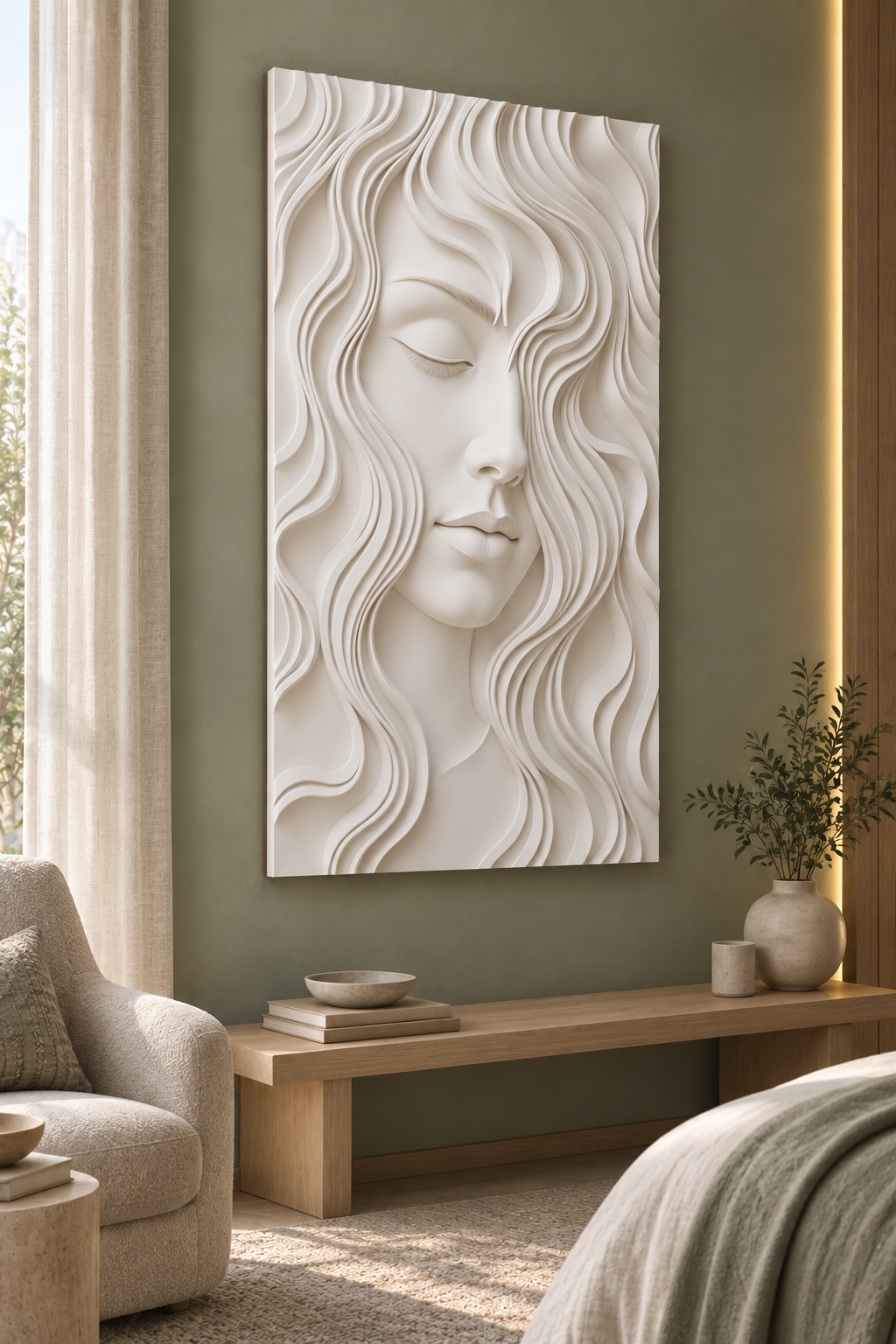 Serene Wave Portrait Corian wall panel, left view in a Mumbai bedroom lounge alcove; AI-assisted concept visualisation