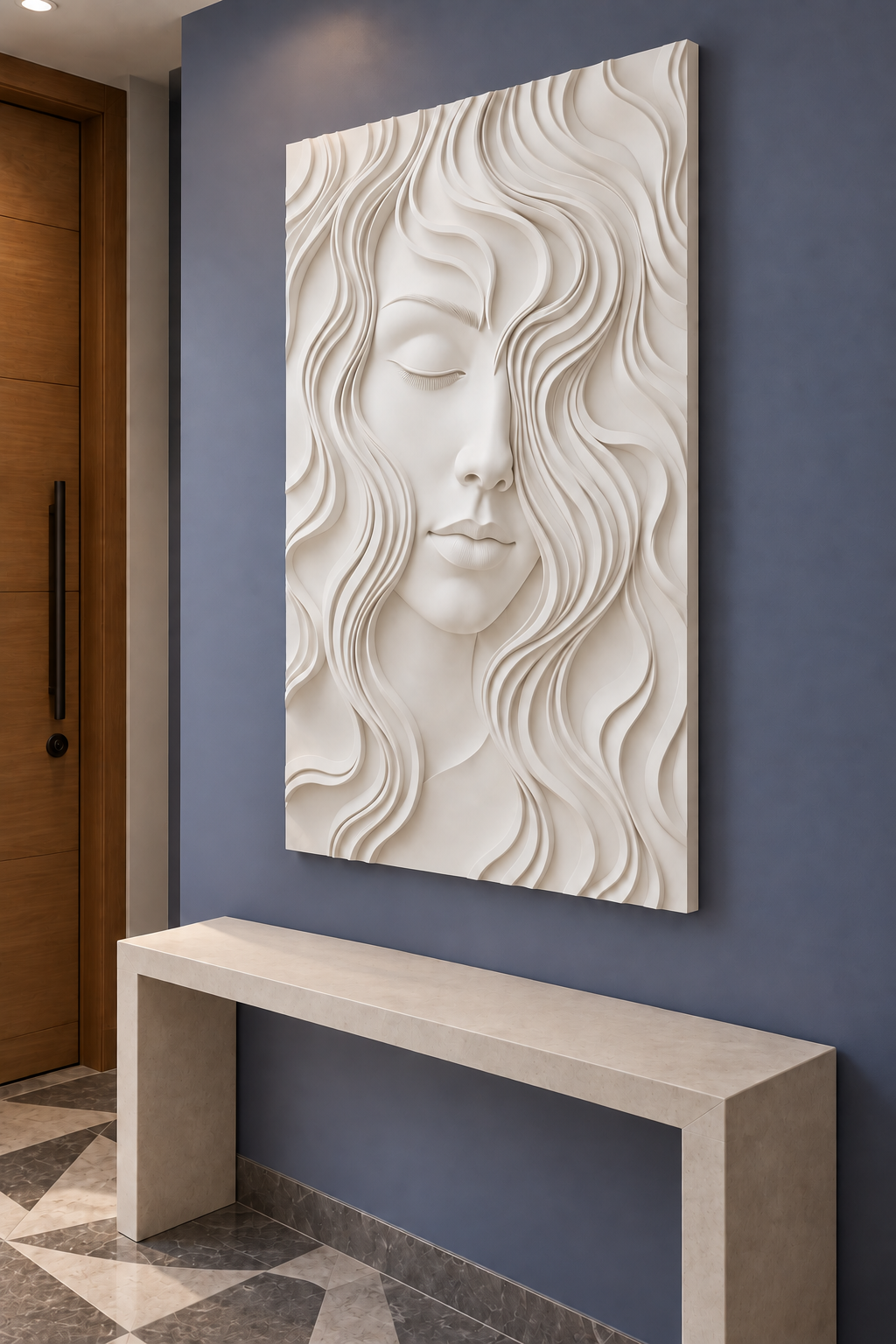 Serene Wave Portrait Corian wall panel, right view in a Mumbai entrance reception area; AI-assisted concept visualisation