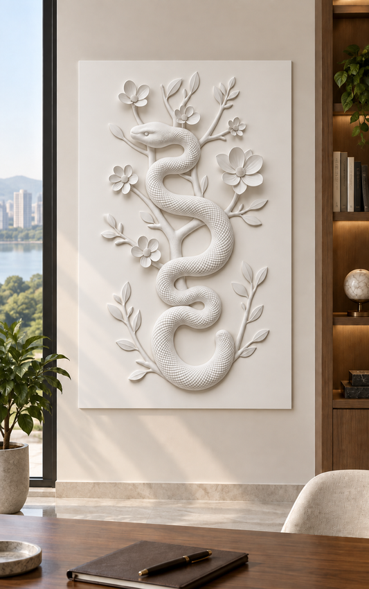 Serpent Bloom Branch Corian wall panel, front view in a Powai home study