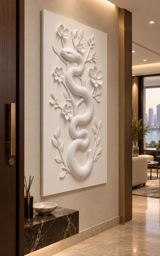 Serpent Bloom Branch Corian wall panel, left view in a Worli entrance alcove