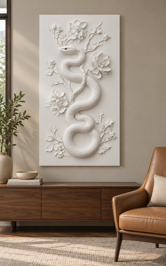 Serpent Blossom Trail Corian wall panel, front view in a Mumbai home study with a warm greige wall, low walnut console and tan leather reading chair.