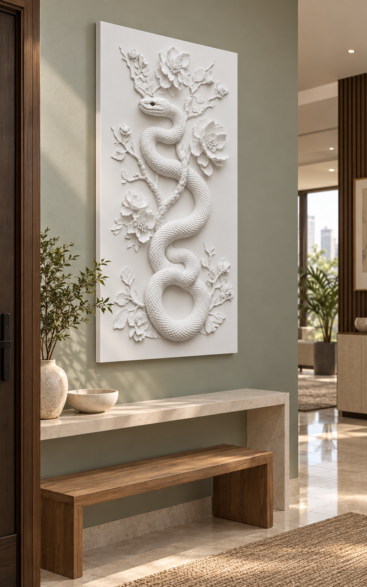 Serpent Blossom Trail Corian wall panel, left view in a Mumbai entrance gallery with muted sage walls, cream-stone console and oak bench.