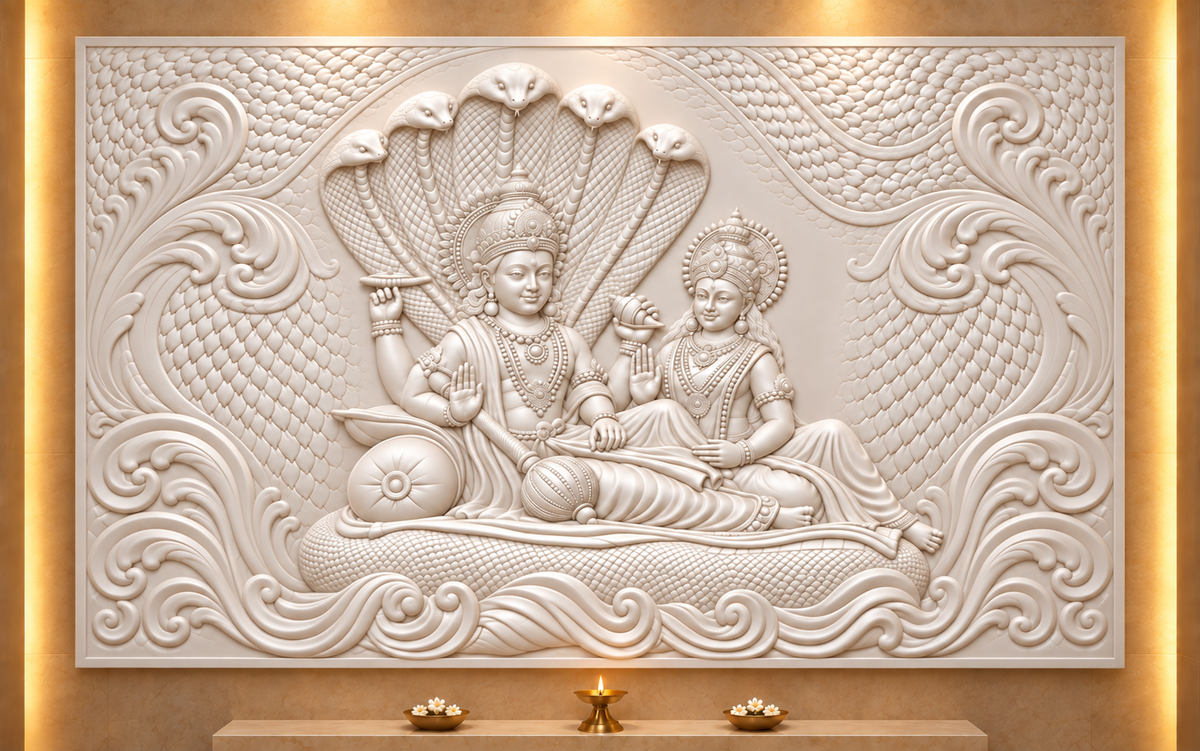 Serpent Canopy Divine Pair Corian wall panel, 4 x 2.5 ft, front view in dedicated prayer room, 12–24 mm total depth