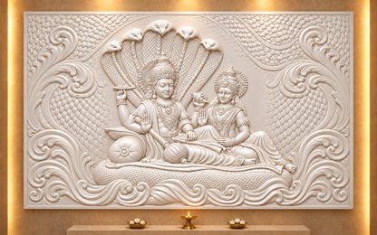 Serpent Canopy Divine Pair Corian wall panel, 4 x 2.5 ft, front view in dedicated prayer room, 12–24 mm total depth